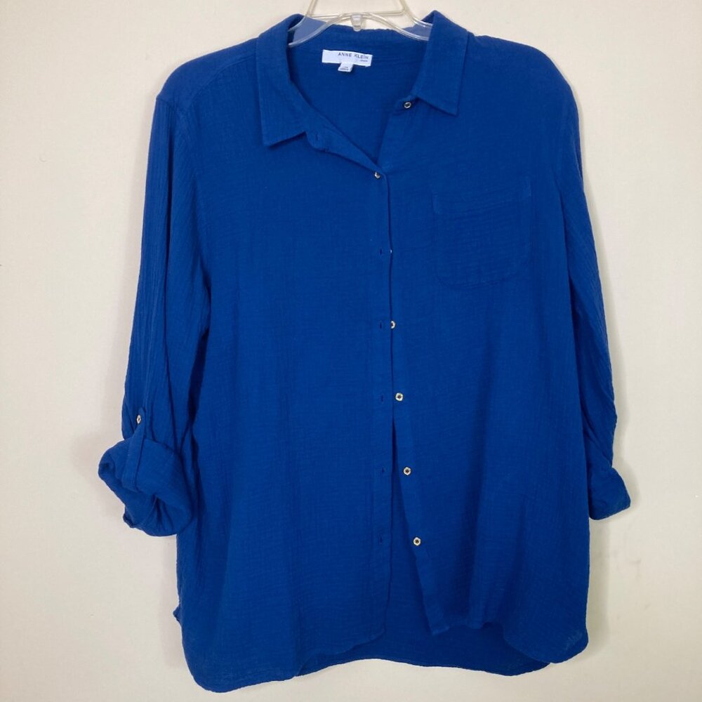 Anne Klein Jeans Womens Blue Button-Up Shirt XXL Lightweight Cotton Plus Rolltab